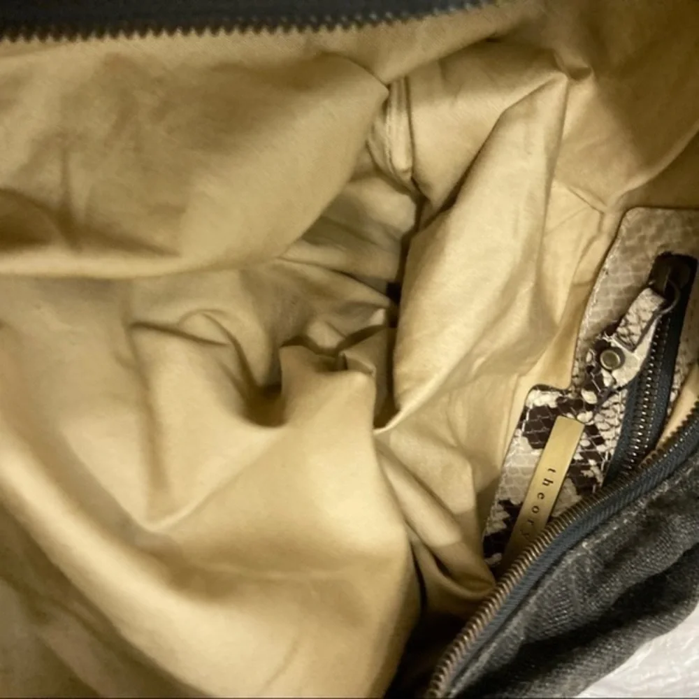 Theory canvas and snakeskin embossed leather hobo bag